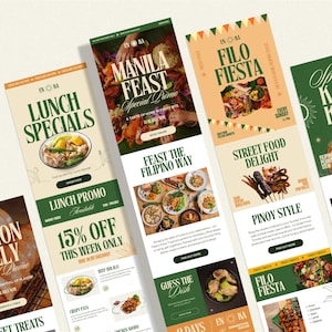 Könnte beinhalten: Eine Sammlung von Werbeflyern für ein philippinisches Restaurant mit Texten wie "Manila Feast", "Lunch Specials" und "Filo Fiesta". Die Flyer zeigen Bilder verschiedener Gerichte und Sonderangebote in Grün-, Beige- und Brauntönen.