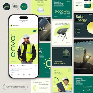 Puede incluir: Una colección de publicaciones en redes sociales que promocionan la energía solar. Las publicaciones presentan imágenes de paneles solares, infografías y un trabajador de la construcción con casco y chaleco de seguridad. El texto incluye "Energía Solar", "Vida Inteligente".