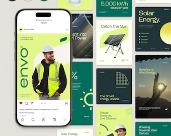 Könnte beinhalten: Eine Sammlung von Social-Media-Beiträgen, die für Solarenergie werben. Die Beiträge zeigen Bilder von Sonnenkollektoren, Infografiken und einen Bauarbeiter mit Helm und Sicherheitsweste. Text enthält "Solarenergie", "Smart Living" und "Powering Homes the Smarter Way".