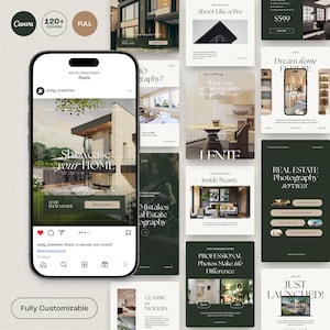 May include: A collection of social media templates for real estate marketing, featuring a modern house design. The templates include text such as "Showcase your HOME", "Real Estate Photography services", and "Fully Customizable". The color palette is primarily green and white.