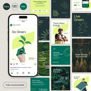 Könnte beinhalten: Eine Sammlung von Social-Media-Grafiken in Grün und Weiß, die sich für ökologische Nachhaltigkeit einsetzen. Die Designs enthalten Texte wie "Go Green", "Renewable Energy Innovation" und "Greener Future". Die Grafiken wurden mit Canva entworfen und sind vollständig anpassbar.