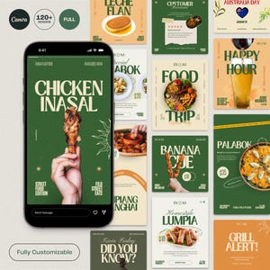 Op de afbeelding: Een verzameling sjablonen voor sociale media voor voedselbedrijven. De sjablonen tonen afbeeldingen van gerechten zoals kip, flan en lumpia, met tekstoverlays die speciale aanbiedingen en evenementen promoten. Het ontwerp maakt gebruik van een groen en beige kleurenschema.