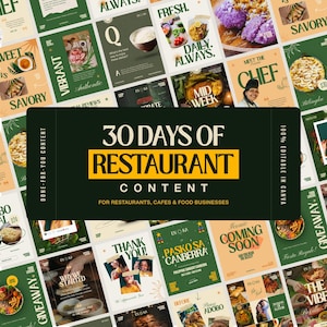 Könnte beinhalten: Eine Sammlung von Werbegrafiken zum Thema Restaurant. Die zentrale Grafik zeigt "30 Days of Restaurant Content" in gelbem Text auf einem dunkelgrünen Hintergrund. Umgebende Grafiken zeigen Essensbilder und Text wie "Fresh" und "Savory."