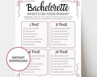 Bachelorette What's On Your Phone Digital Download Bridal Game Party Activity Printable Wedding