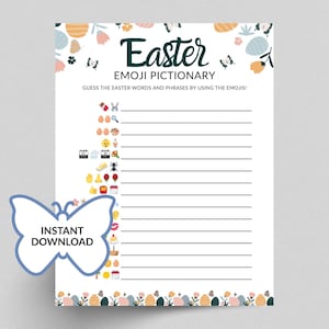 May include: A white Easter Emoji Pictionary game sheet with the word "Easter" in a dark green script. The sheet includes emojis and lines for answers. A blue butterfly graphic with "Instant Download" is in the lower left.