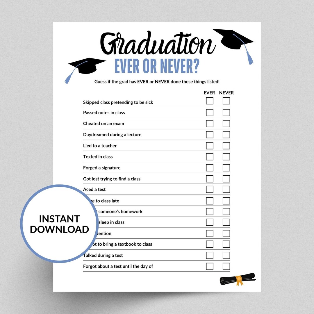 Graduation Ever or Never Game Digital Download Printable Worksheet ...