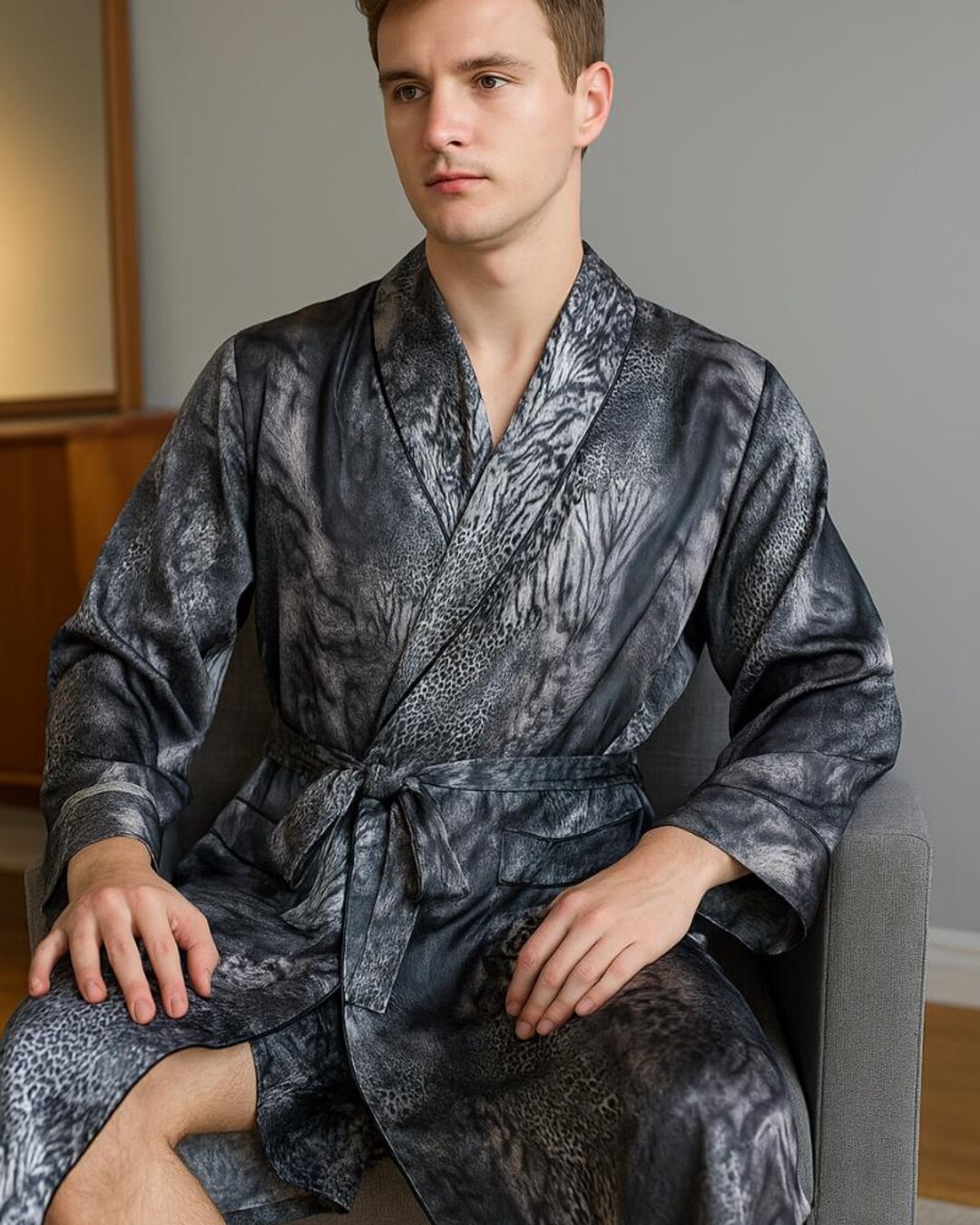 Anna-Kaci Men's Leopard Print Satin Robe with Waist Tie and Front Pockets