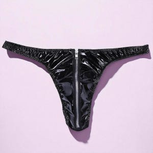 Bold Men’s Faux Leather Thong – Shiny Low-Rise Briefs with Zipper Pouch