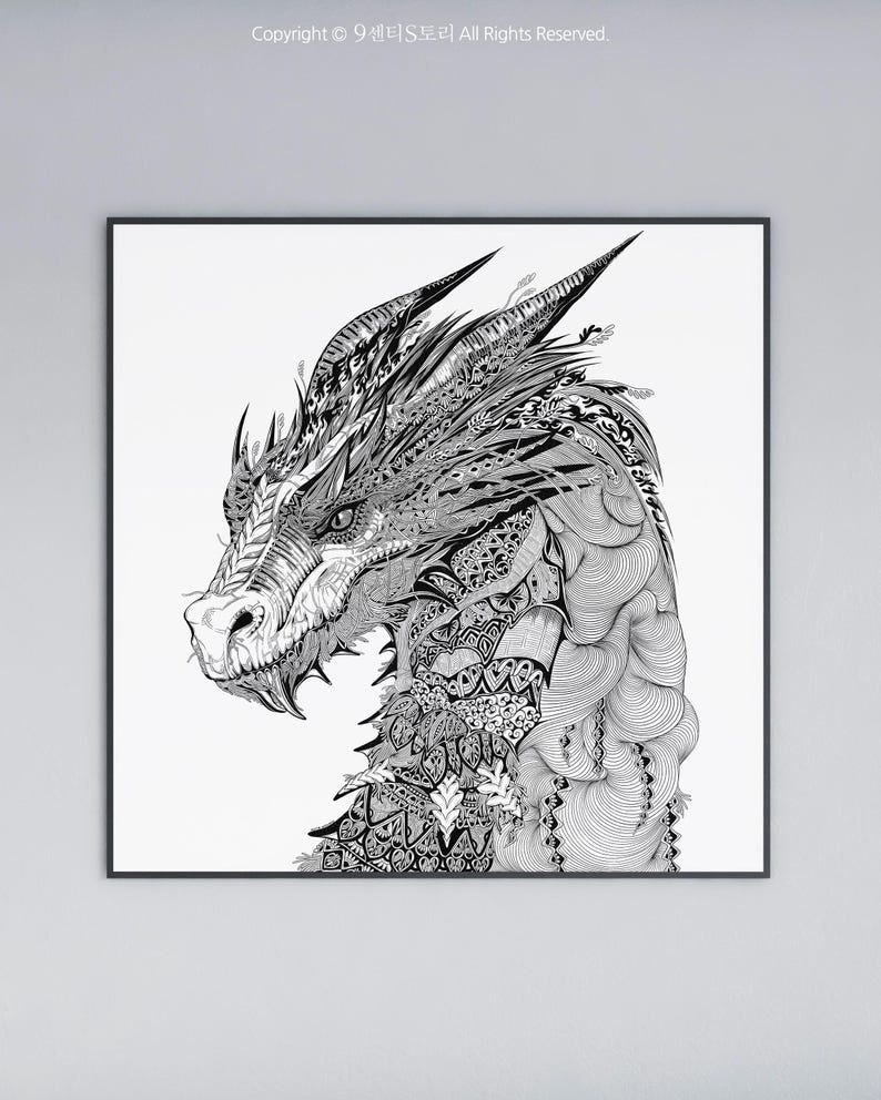 Pattern Dragon Blaack Majestic Dragon | Black & White Digital Pattern Art | Fantasy Wall Art ...