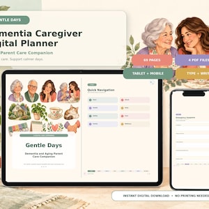 Può includere: Un pianificatore digitale per assistenti di persone affette da demenza visualizzato su tablet e smartphone. Lo schermo mostra un menu di navigazione rapida, illustrazioni di persone, una casa e un gatto, con il testo Gentle Days.