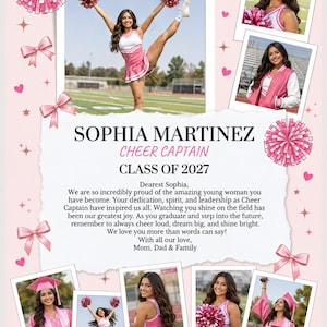 May include: A graduation announcement poster featuring photos of a cheerleader named Sophia Martinez, Class of 2027. The design includes pink bows, pom-poms, and stars on a light pink background with a heartfelt message to the graduate.