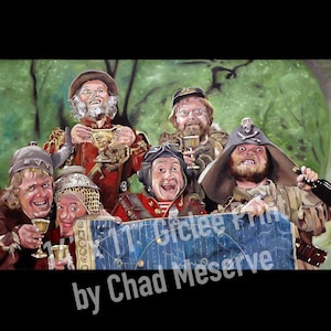 May include: A painting of a group of six men dressed in various costumes, including a pirate, a knight, and a viking. They are holding mugs and bottles of ale and are standing in front of a map. The text "11x17 Giclee Print by Chad Meserve" is printed at the bottom of the map.