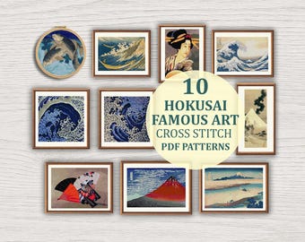 May include: A collection of ten framed Hokusai famous art cross stitch PDF patterns. The images include Japanese art prints of waves, Mount Fuji, and a woman. One image is a cross-stitch of two koi fish.