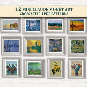 12 mini Monet-borduurpatronen PDF-bundel – Beroemd schilderij borduurwerk, direct downloaden