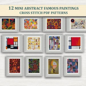 May include: Twelve framed mini abstract famous paintings, cross stitch PDF patterns. The paintings feature a variety of colorful geometric and organic shapes. The frames are silver and are arranged on a white wooden background. The text "12 MINI ABSTRACT FAMOUS PAINTINGS CROSS STITCH PDF PATTERNS" is at the top.