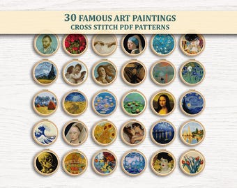 30 Famous Art Painting Cross Stitch Patterns PDF Bundle – Miniature Embroidery Designs, Instant Download