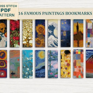 Könnte beinhalten: Ein digitales Kreuzstich-PDF-Muster mit 16 Lesezeichen berühmter Gemälde. Die Sammlung enthält rechteckige Designs, die von der Kunstgeschichte inspiriert sind und verschiedene Farbpaletten, komplexe Muster und ikonische Bilder zeigen.