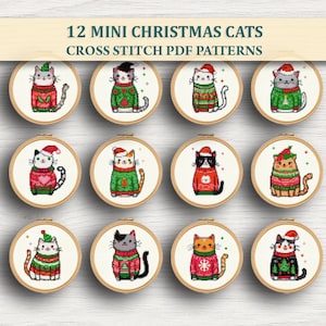 May include: Twelve mini Christmas cat cross-stitch PDF patterns. Each pattern features a cat wearing a festive sweater and a Santa hat or elf hat, set in a wooden embroidery hoop. The cats are in various colors, including gray, black, orange, and white.