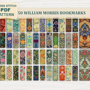 Può includere: Una collezione di 50 segnalibri William Morris con vari motivi floreali e botanici. I segnalibri rettangolari presentano una gamma di colori, tra cui rosso, blu, verde e giallo. Il testo recita "50 segnalibri William Morris" e "Schema PDF punto croce".