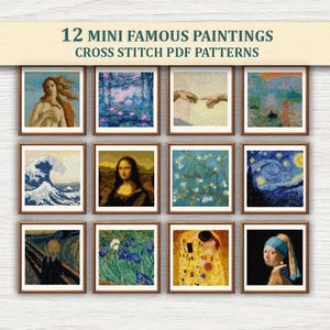 Può includere: Una raccolta di 12 schemi a punto croce in PDF di dipinti famosi come la Gioconda, La notte stellata e L'urlo, disposti in una griglia con il testo 12 MINI FAMOUS PAINTINGS CROSS STITCH PDF PATTERNS visualizzato sopra le immagini.