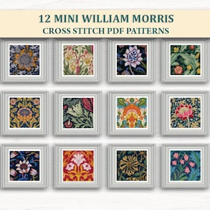 May include: Twelve framed mini cross stitch patterns with William Morris designs. The patterns display floral and botanical motifs in various colours, including blue, orange, and red. The text "12 MINI WILLIAM MORRIS CROSS STITCH PDF PATTERNS" is displayed at the top.