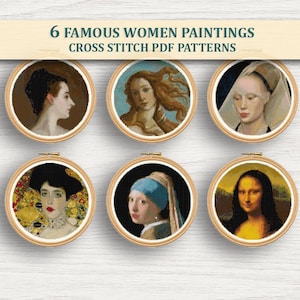 Puede incluir: Seis patrones PDF de punto de cruz con pinturas de mujeres famosas. Cada pintura se muestra en un aro de bordado de madera redondo. El texto "6 FAMOUS WOMEN PAINTINGS CROSS STITCH PDF PATTERNS" se muestra arriba.