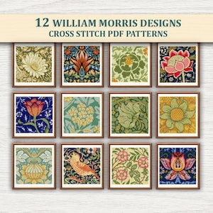 Könnte beinhalten: Zwölf William Morris Designs Kreuzstich-PDF-Vorlagen werden gezeigt. Jedes gerahmte Muster zeigt ein anderes Blumen- oder botanisches Design in verschiedenen Farben, darunter Grün, Blau, Rot und Gelb. Die Muster sind in einem Raster angeordnet.