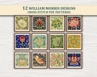 12 William Morris bloemen kruissteekpatronen pdf-bundel – vintage borduurwerk, direct downloaden