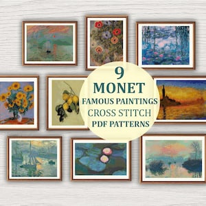 May include: Nine framed cross-stitch patterns featuring famous Monet paintings. The artworks include floral still lifes, water lilies, and landscapes, all in a variety of colors. The text in the image reads "9 Monet Famous Paintings Cross Stitch PDF Patterns."