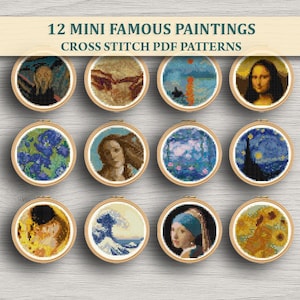 May include: A collection of 12 mini cross-stitch patterns featuring famous paintings, each displayed in a wooden hoop. The patterns include iconic artworks like the Mona Lisa and Starry Night. The text at the top reads "12 MINI FAMOUS PAINTINGS CROSS STITCH PDF PATTERNS."