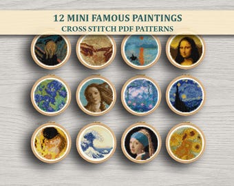12 Mini Famous Painting Cross Stitch Patterns PDF Bundle – Classic Art Embroidery, Instant Download