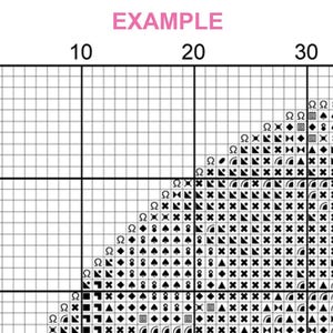May include: A cross-stitch pattern chart with a grid of squares, numbers, and symbols. The word "EXAMPLE" is at the top. The chart features various symbols like spades, diamonds, and crosses, indicating different stitch types for a needlepoint project.