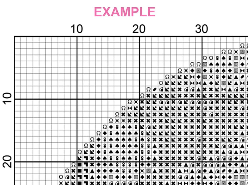 May include: A cross-stitch pattern chart with a grid of squares, numbers, and symbols. The word "EXAMPLE" is at the top. The chart features various symbols like spades, diamonds, and crosses, indicating different stitch types for a needlepoint project.