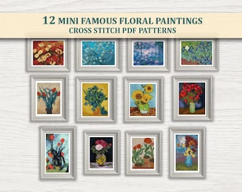 12 Miniature Floral Painting Cross Stitch Patterns PDF Bundle – Classic Art Embroidery, Instant Download