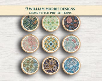 9 William Morris bloemen kruissteekpatronen pdf-bundel – Arts & Crafts-borduurwerk, direct downloaden