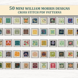 Op de afbeelding: Afbeelding van 50 mini William Morris-ontwerpen, kruissteek PDF-patronen. Elk ontwerp is omlijst in een zilveren vierkant, met gedetailleerde bloemen- en natuurgeïnspireerde patronen in verschillende kleuren. De bovenste banner leest de titel.