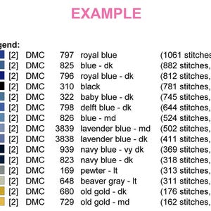 May include: A chart labeled "EXAMPLE" with a legend for cross-stitch thread colors. The legend includes color names like royal blue, black, and old gold, along with DMC thread numbers and stitch counts.