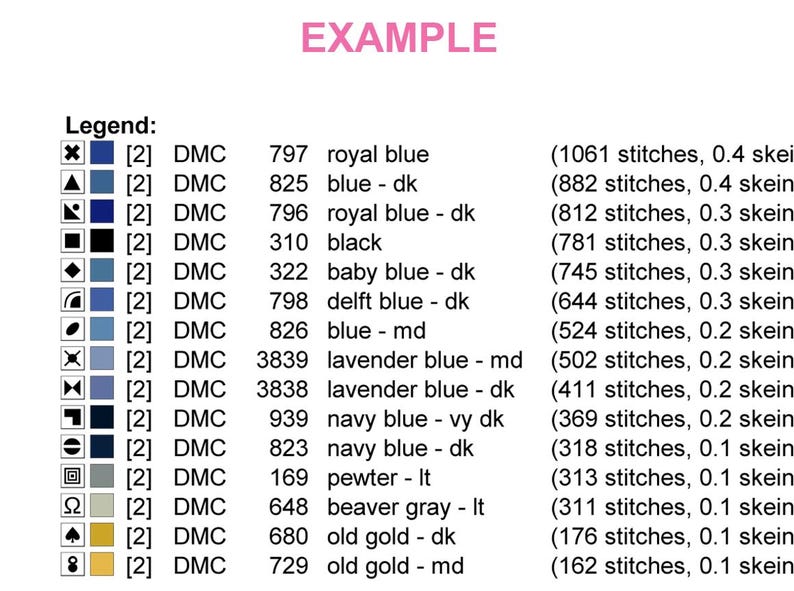 May include: A chart labeled "EXAMPLE" with a legend for cross-stitch thread colors. The legend includes color names like royal blue, black, and old gold, along with DMC thread numbers and stitch counts.
