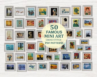 50 Miniature Famous Art Cross Stitch Patterns PDF Bundle – Modern Embroidery Designs, Instant Download