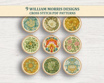 9 William Morris bloemen kruissteekpatronen pdf-bundel – Arts & Crafts-borduurwerk, direct downloaden