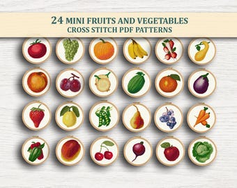 24 Miniature Fruit & Vegetable Cross Stitch Patterns PDF Bundle – Cute Embroidery, Instant Download
