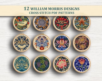 12 William Morris bloemen kruissteekpatronen pdf-bundel – vintage borduurwerk, direct downloaden