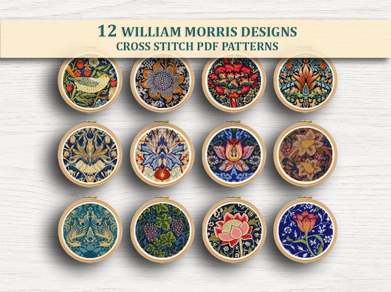 12 William Morris Floral Cross Stitch Patterns PDF Bundle – Vintage Embroidery, Instant Download