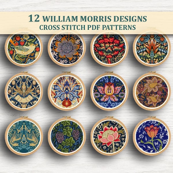 12 William Morris Floral Cross Stitch Patterns PDF Bundle – Vintage Embroidery, Instant Download
