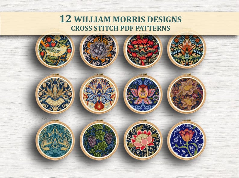 May include: Twelve William Morris designs cross stitch PDF patterns are displayed in wooden embroidery hoops. Each hoop features a different colorful floral or bird design. The text "12 WILLIAM MORRIS DESIGNS CROSS STITCH PDF PATTERNS" is at the top.