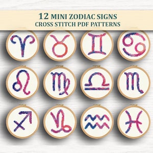 May include: Twelve mini zodiac signs cross stitch PDF patterns are shown. Each sign is embroidered in a circular wooden hoop. The signs are in shades of blue, pink, and purple. The text "12 MINI ZODIAC SIGNS CROSS STITCH PDF PATTERNS" is at the top.