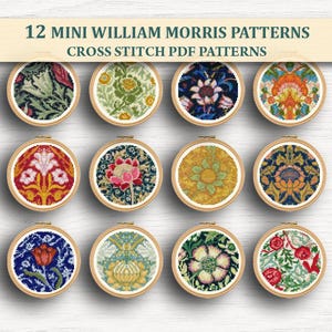 Könnte beinhalten: Zwölf Mini-William-Morris-Kreuzstich-PDF-Muster werden gezeigt. Jedes Muster befindet sich in einem runden Holzrahmen und zeigt detaillierte Blumen- und botanische Designs in verschiedenen Farben, darunter Rot, Blau und Grün. Der Text "12 MINI WILLIAM MORRIS PATTERNS CROSS STITCH PDF PATTERNS" steht oben.