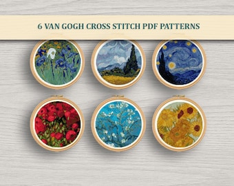 6 Van Gogh Painting Cross Stitch Patterns PDF Bundle – Art Embroidery, Instant Download