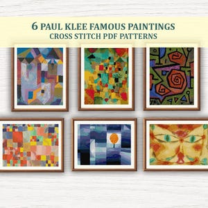 May include: Six framed cross-stitch PDF patterns featuring famous paintings by Paul Klee. The artwork includes colorful abstract designs in various styles, with a text overlay that reads "6 Paul Klee Famous Paintings Cross Stitch PDF Patterns."