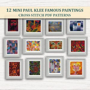 May include: A collection of 12 mini Paul Klee famous paintings cross stitch PDF patterns displayed in individual silver frames. The artwork features various abstract and colorful compositions, including geometric shapes, faces, and landscapes in a grid.